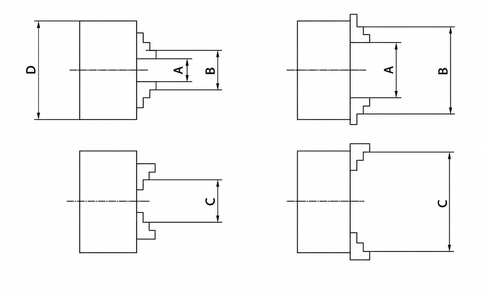 Diagrama de rangos y configuraciones de agarre exterior e interior: referencias A, B, C y D
